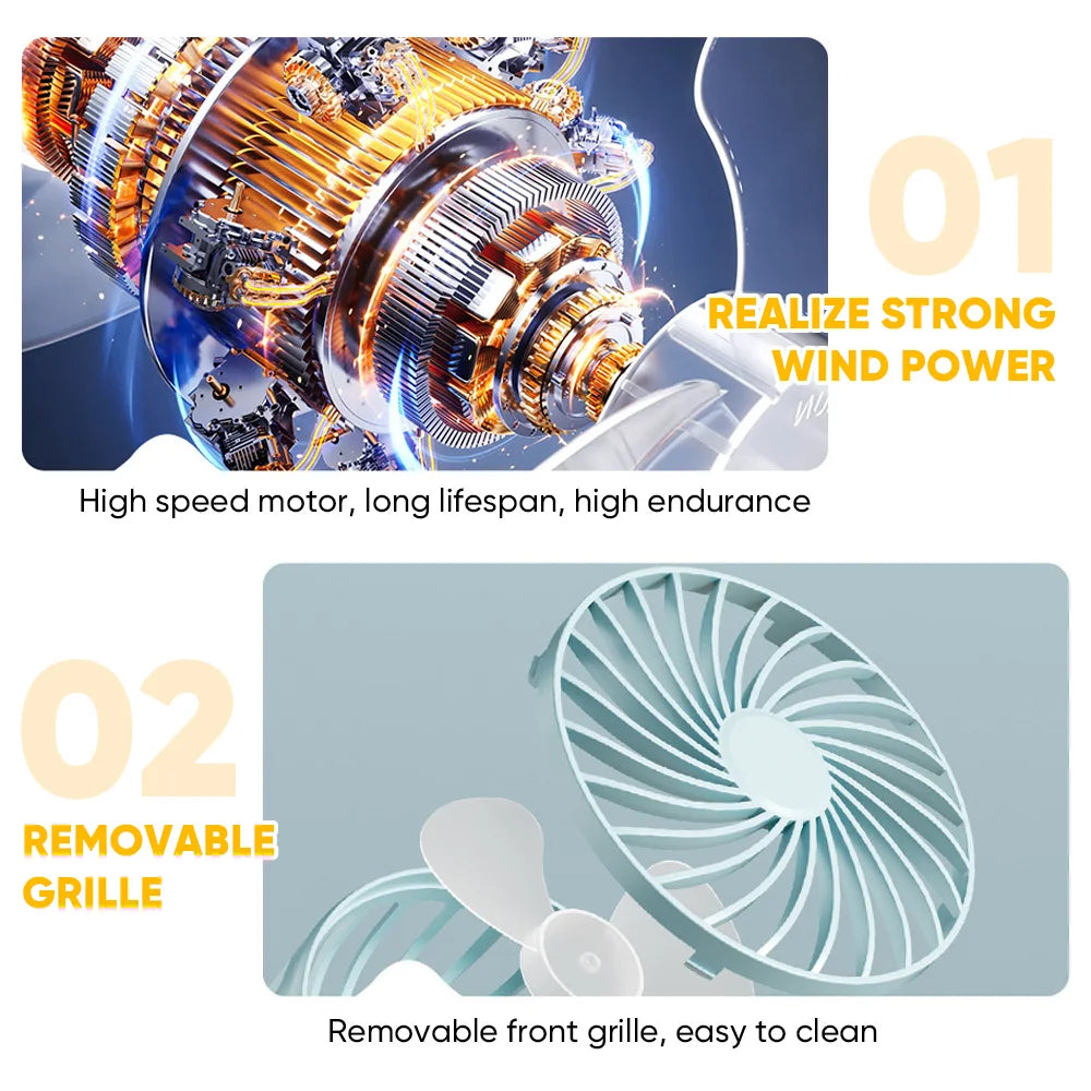 Mini Fan Rechargeable 720° Rotating Hanging Clip Fan with Nightlight