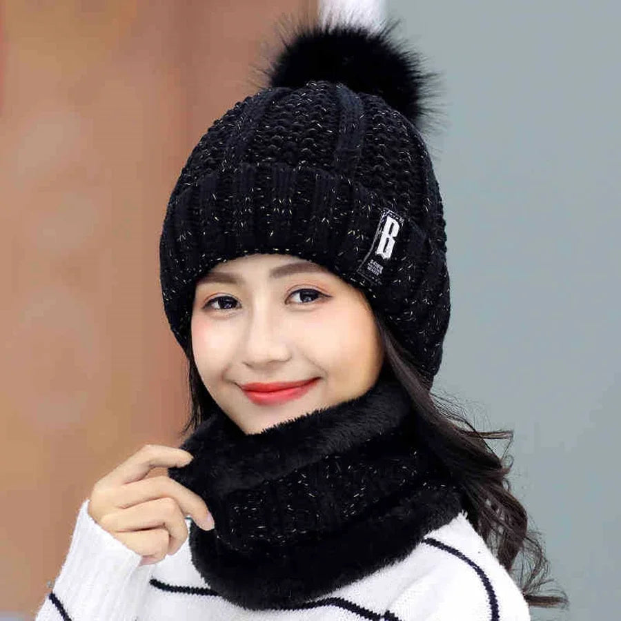 Winter Knitted Scarf and Hat Set, Thick and Warm for Women