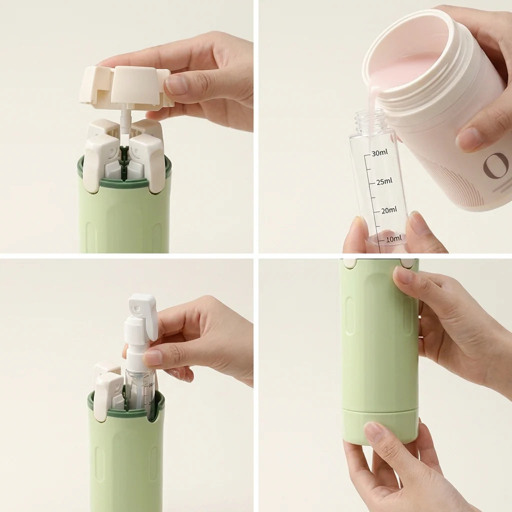 4-In-1 Travel Bottle- Combines multiple toiletry containers into a single portable unit